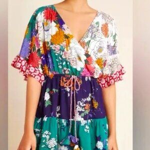 Anthropologie‎ Women's Tiered Mini Floral Wrap Ruffle Dress Boho Modal - S